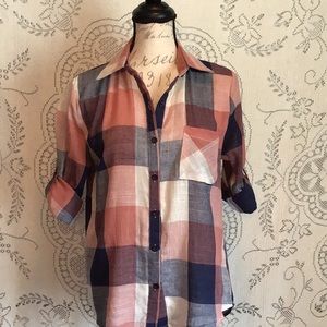 Plaid, Linen Look Button Down